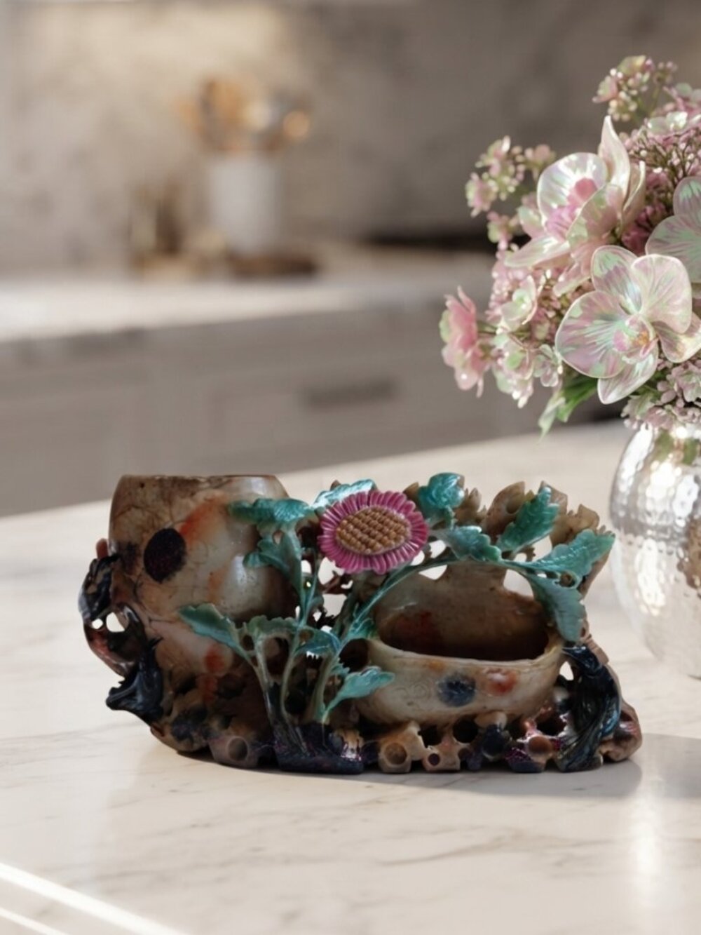Vintage Chinese Hand Carved Soapstone Brush Washer Birds Asian Decor